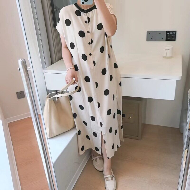 女士绵绸连衣裙春夏人造棉绸甜美中袖收腰气质外穿长裙显瘦度假