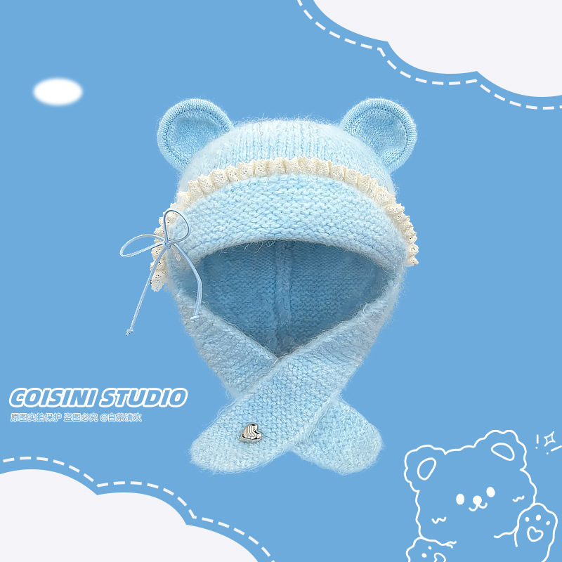 冬日小奶熊蕾丝蝴蝶结羊毛立体耳朵毛线护耳套头帽子女甜美