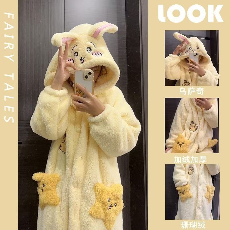 乌萨奇睡衣女秋冬季加厚珊瑚绒睡袍卡通可爱法兰绒家居服套装