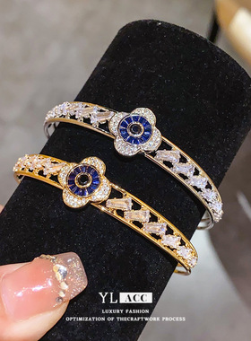 复古锆石几何圆形花朵开口手镯宫廷风个性小众气质感手饰女