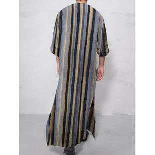 Button Stripes Print Shirt Men Muslim Robes 男士条纹长袍衬衫