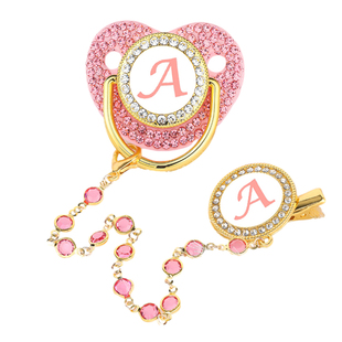 Pink Zircon Luxury Baby Pacifier Clip 26 Letters Newborn Per