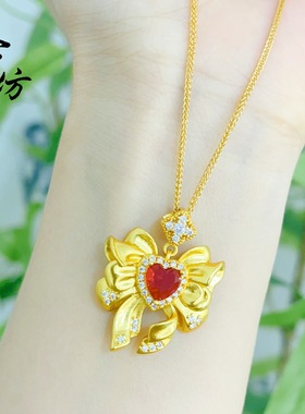 越南古法沙金美少女战士点钻红爱心蝴蝶结吊坠项链甜美公主风百搭