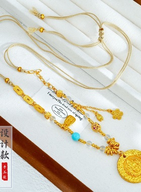 越南沙金黄财神吊坠錾刻吉言财神手工款男女款项链挂坠毛衣不掉色