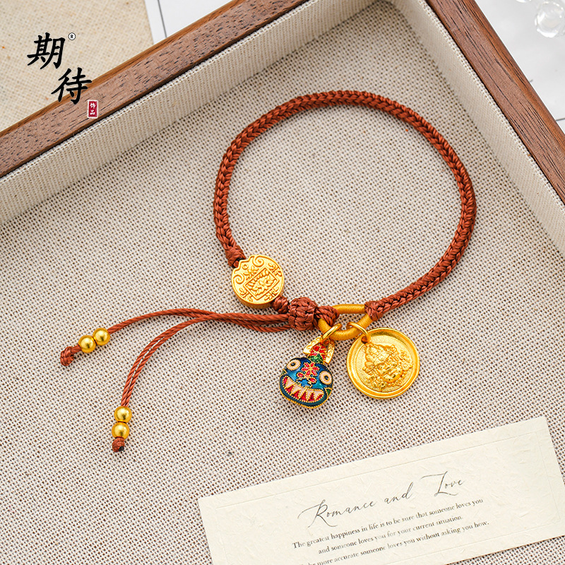 越南沙金999黄财神吞金兽沙金手链女手工编织手绳日常通勤可调节