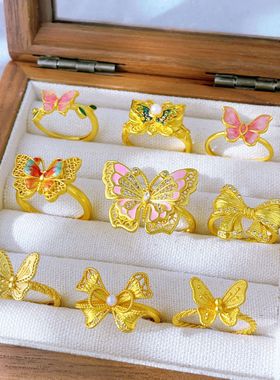 古法越南沙金珐琅彩镶钻花丝蝴蝶戒指开口可调节精致食指戒不掉色