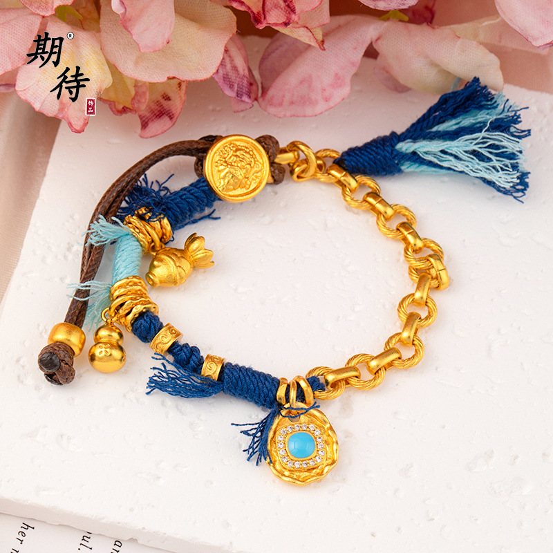 沙金新中式复古手工编织手绳中式藏式民族风绿松石镶钻吊坠手链女