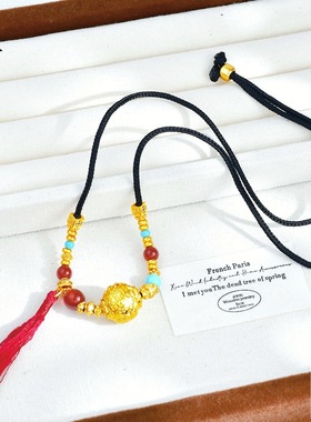 国潮风金店同款古法越南沙金龙珠八方来财珠流苏项链新中式毛衣链