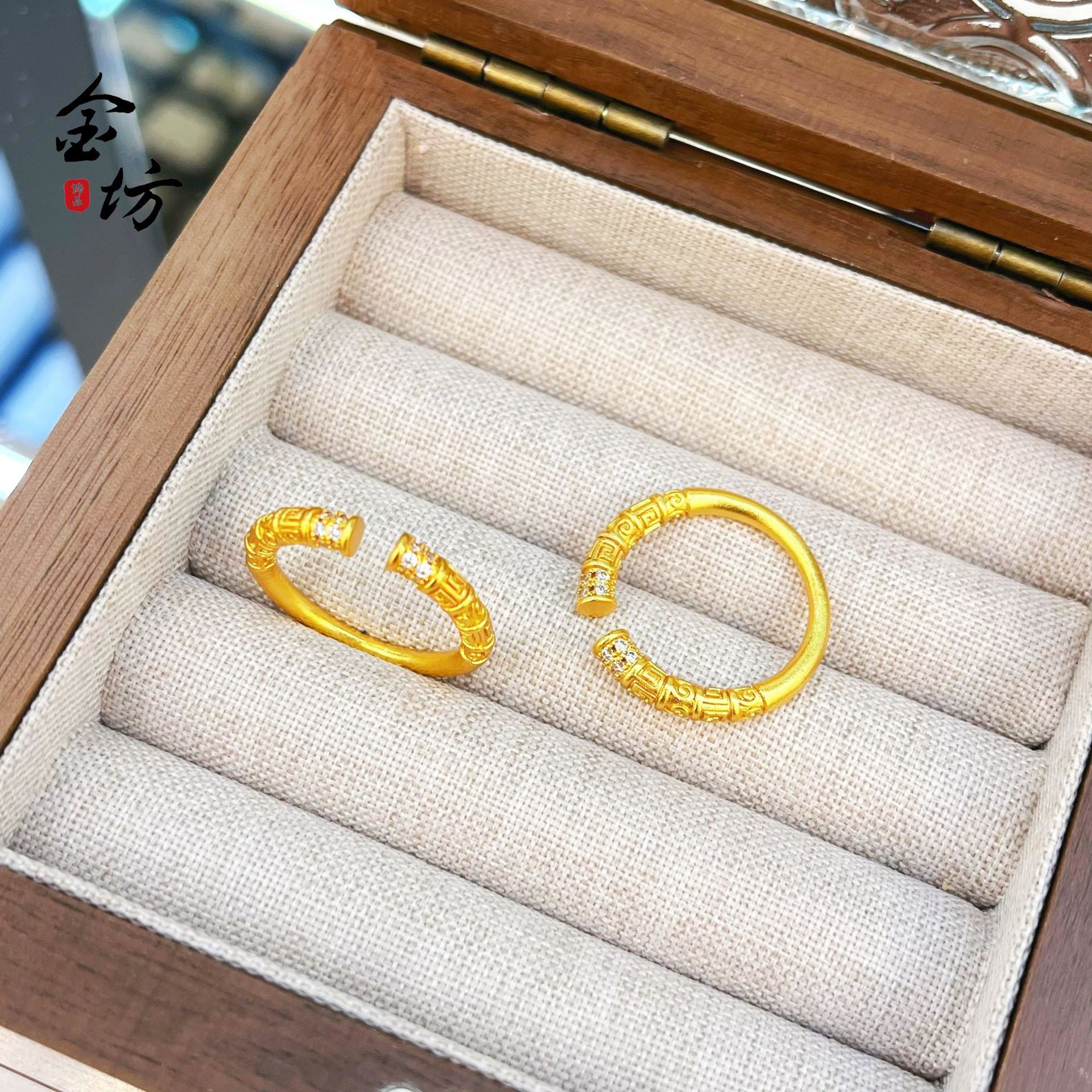 不掉色越南沙金999镶钻金箍棒戒指开口可调节指环国潮风女饰品