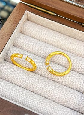 不掉色越南沙金999镶钻金箍棒戒指开口可调节指环国潮风女饰品