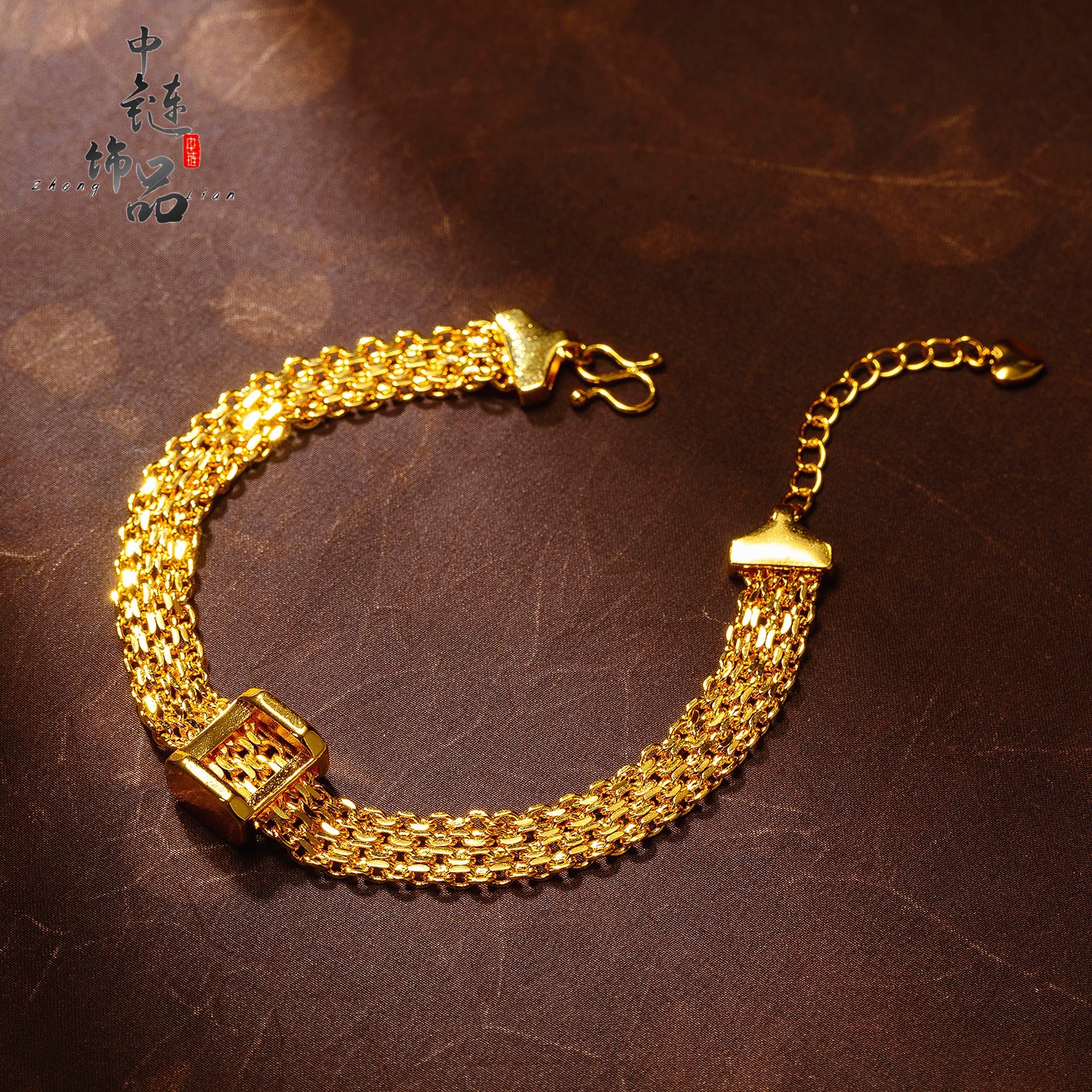 金店同款越南沙金亮面方扣表带手链宽面编织手串复古轻奢送女朋友