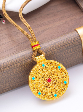 新款越南沙金珐琅彩如意罗盘吊坠项链中式缕空八宝富贵花小众百搭