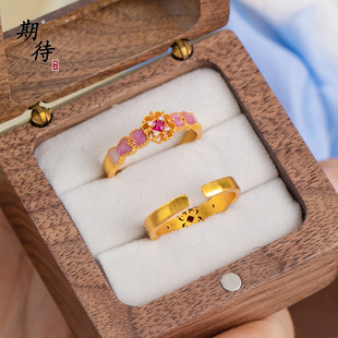 不掉色沙金国潮风珐琅彩红钻海棠花戒指女气质轻奢高级精致食指戒