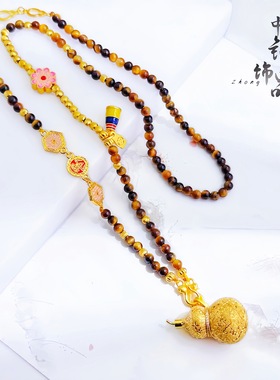 越南沙金新中式镶钻丝绒香囊葫芦虎眼石项链国潮风福禄葫芦毛衣链