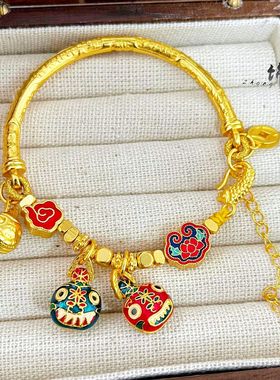 金店同款古法越南沙金吞金兽一家三口手链 祥云莲花吉言半镯手串