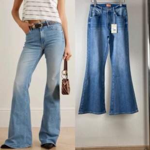 复古高级浅蓝喇叭牛仔裤mother高腰显瘦弹力小个子修身拖地长裤女