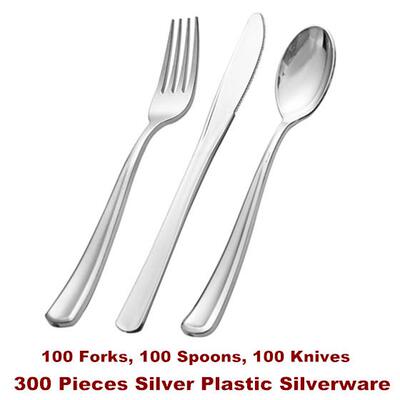 Silver Plastic Silverware Disposable Cutlery Forks Spoons
