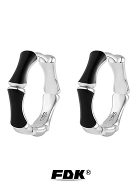 s925纯银耳钉竹节男士耳环高级设计感个性简约黑色珐琅工艺耳饰