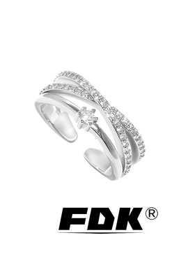 Frederick银色交叉锆石双层戒指轻奢小众时尚素戒情侣对戒指环