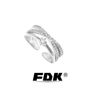 Frederick银色交叉锆石双层戒指轻奢小众时尚素戒情侣对戒指环