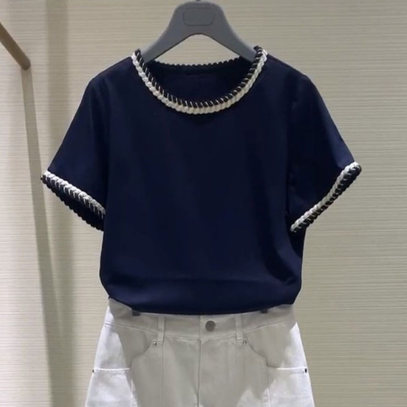 阿玛施旗舰店官网t恤女2020年新款夏宽松小香风黑色纯棉短袖上衣