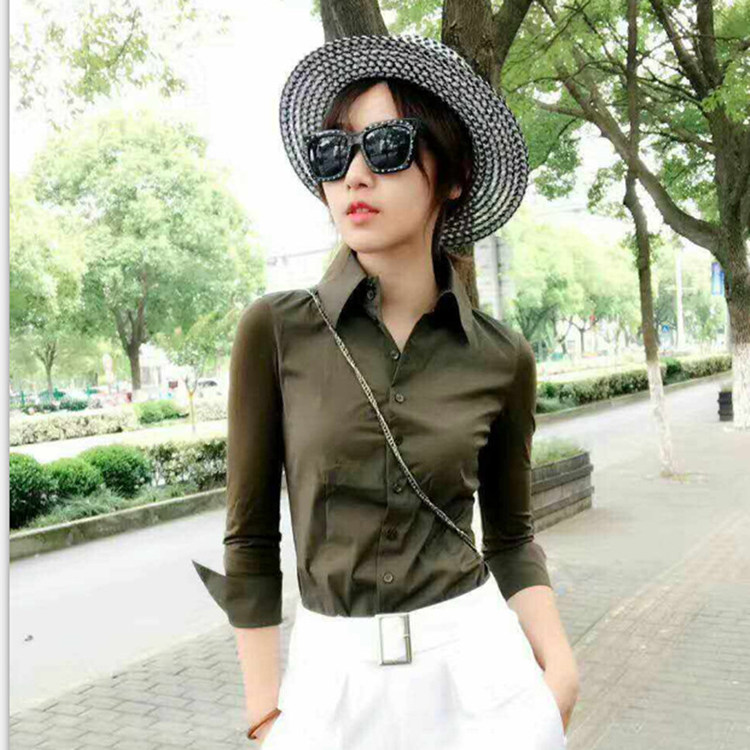 欧阿玛施旗舰店官网2021春夏新款修身显瘦半开领职业OL长袖衬衫女