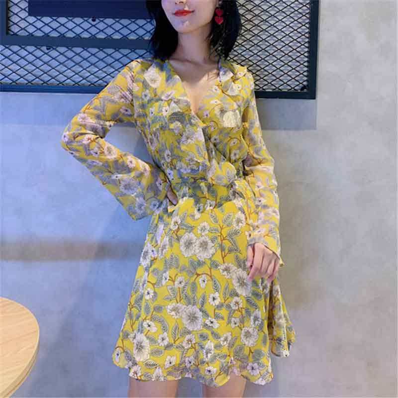 欧阿玛施旗舰店官网女装2020春季新款雪纺裙子印花V领长袖连衣裙