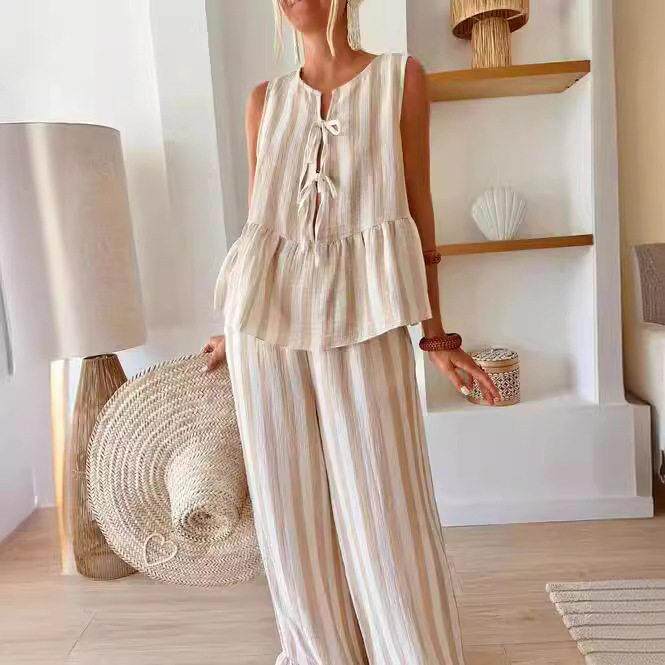 Front tie 2-piece pants set summer