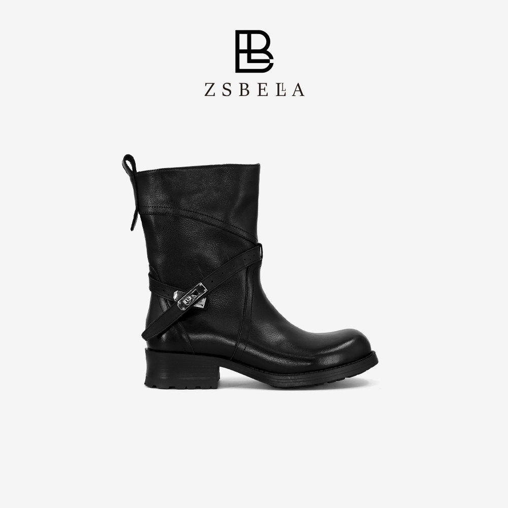 ZSBELLA植鞣水洗牛皮中筒靴女4cm粗跟圆头后扣复古做旧西部靴