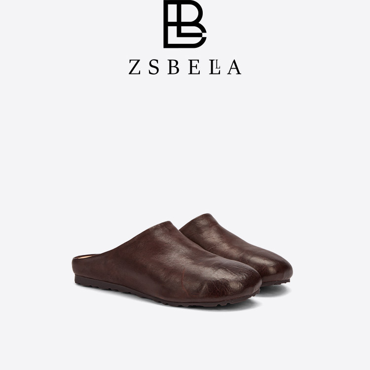 ZSBELLA马皮半拖女休闲勃肯包头鞋外穿懒人套脚女春夏老钱风