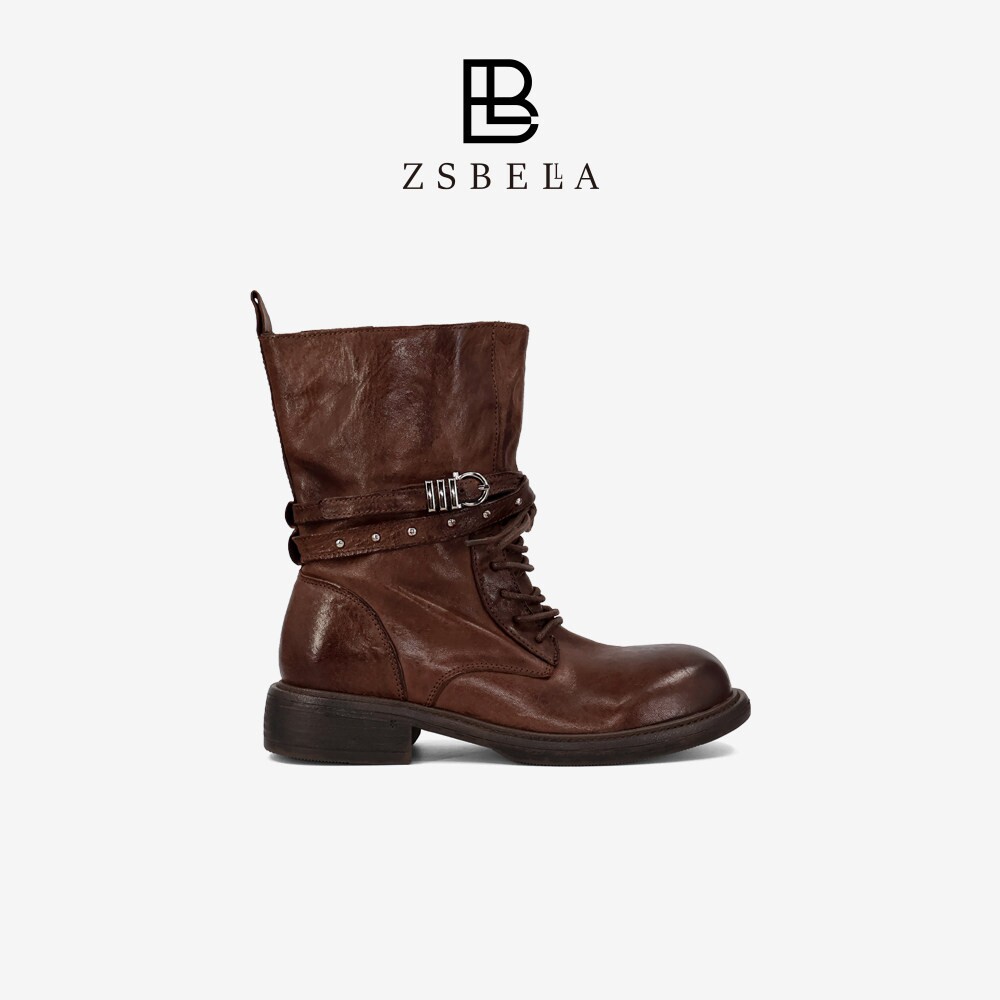 ZSBELLA水洗马皮马丁靴女4cm粗跟做旧复古中筒机车靴西部牛仔短靴
