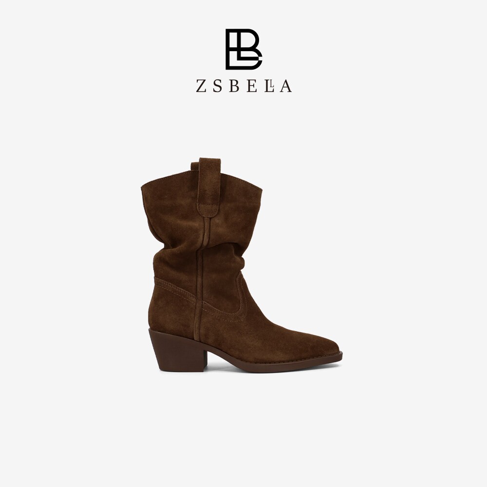 ZSBELLA美拉德牛绒皮堆堆西部靴女6cm粗跟复古褶皱中筒靴骑士靴
