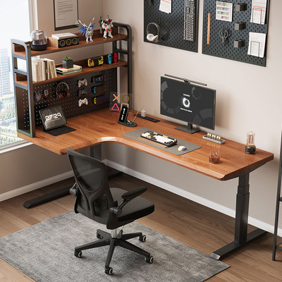 实木转角电动升降桌家用L型学习桌智能升降电脑桌办公桌电竞桌子