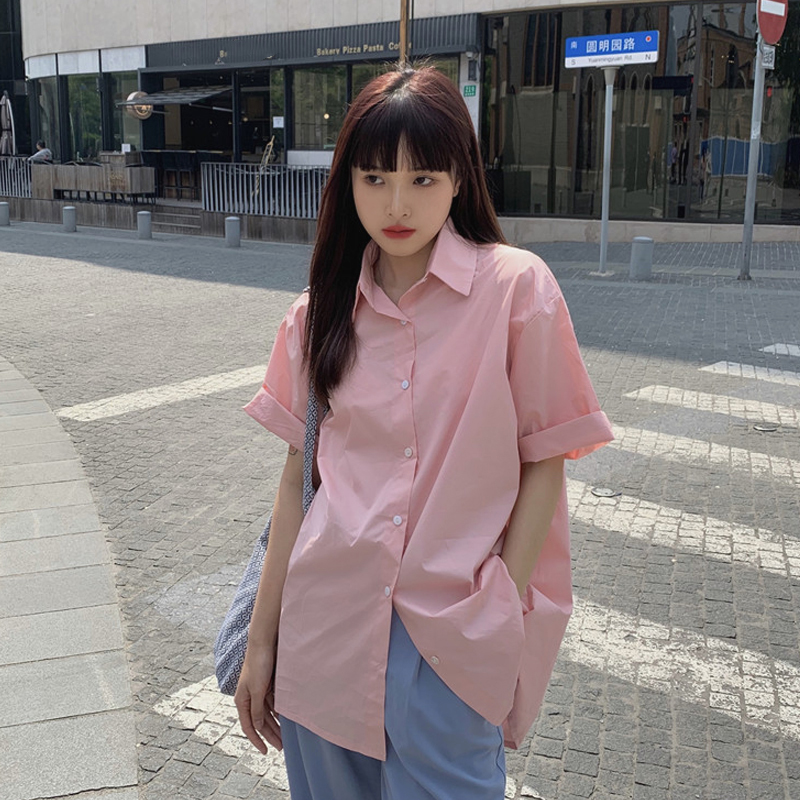 简约夏装韩版纯色衬衫女短袖ins百搭学生时尚小众设计感港风衬衣
