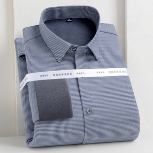 男款加绒加厚保暖羊毛一体绒衬衣 男士休闲灰色千鸟格子长袖衬衫