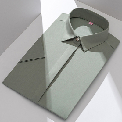 女装竹纤维弹力短袖军绿色衬衫