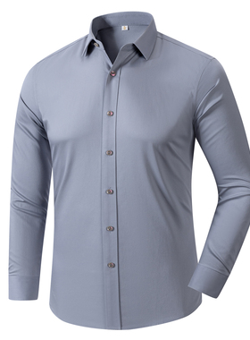 男士纯棉DP免烫全棉灰色长袖衬衫 男装商务正装休闲职业工作衬衣