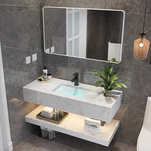 浴室柜洗面盆镜子 现代简约双层大理石洗手盆台面柜组合家用挂墙式
