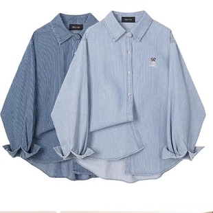 蓝色条纹牛仔衬衫夹克女子春秋季衬衫分层休闲苗条宽松长袖上