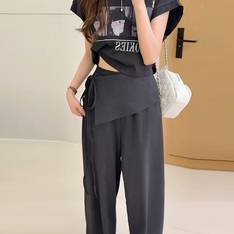 韩国东大门卡通狗狗动物印花后背绑带短袖T恤秋季时尚休闲裤套装