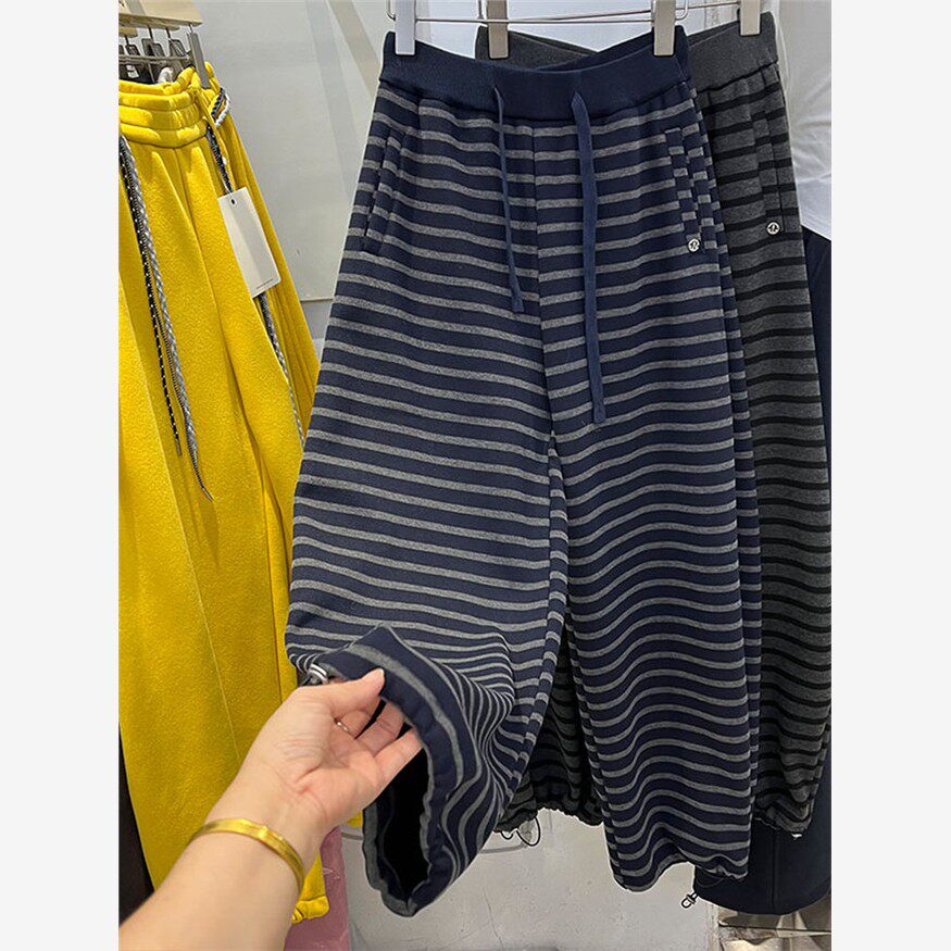 冬季加绒条纹裤子女韩版