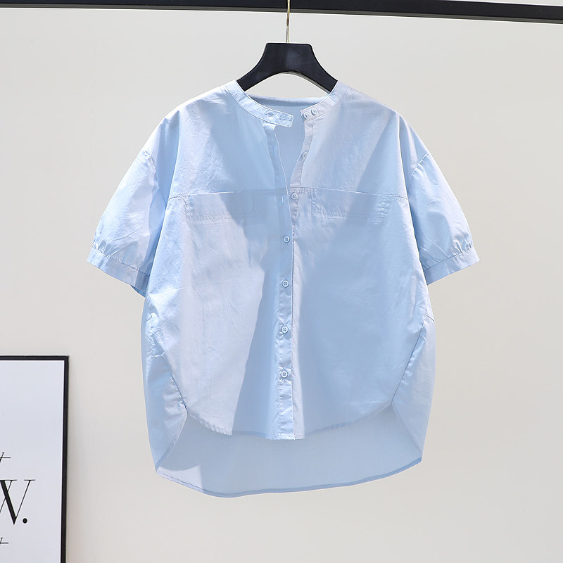 小清新浅蓝色衬衫女圆领短袖宽松棉布衬衣2026春季前短后长上衣潮