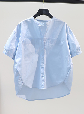 小清新浅蓝色衬衫女圆领短袖宽松棉布衬衣2025秋季前短后长上衣潮