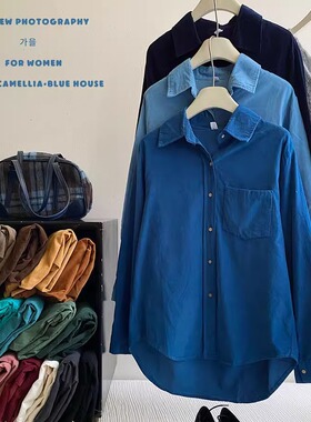 王炸蓝色长袖翻领灯芯绒衬衫女秋冬气质内搭宽松净版衬衫叠穿上衣