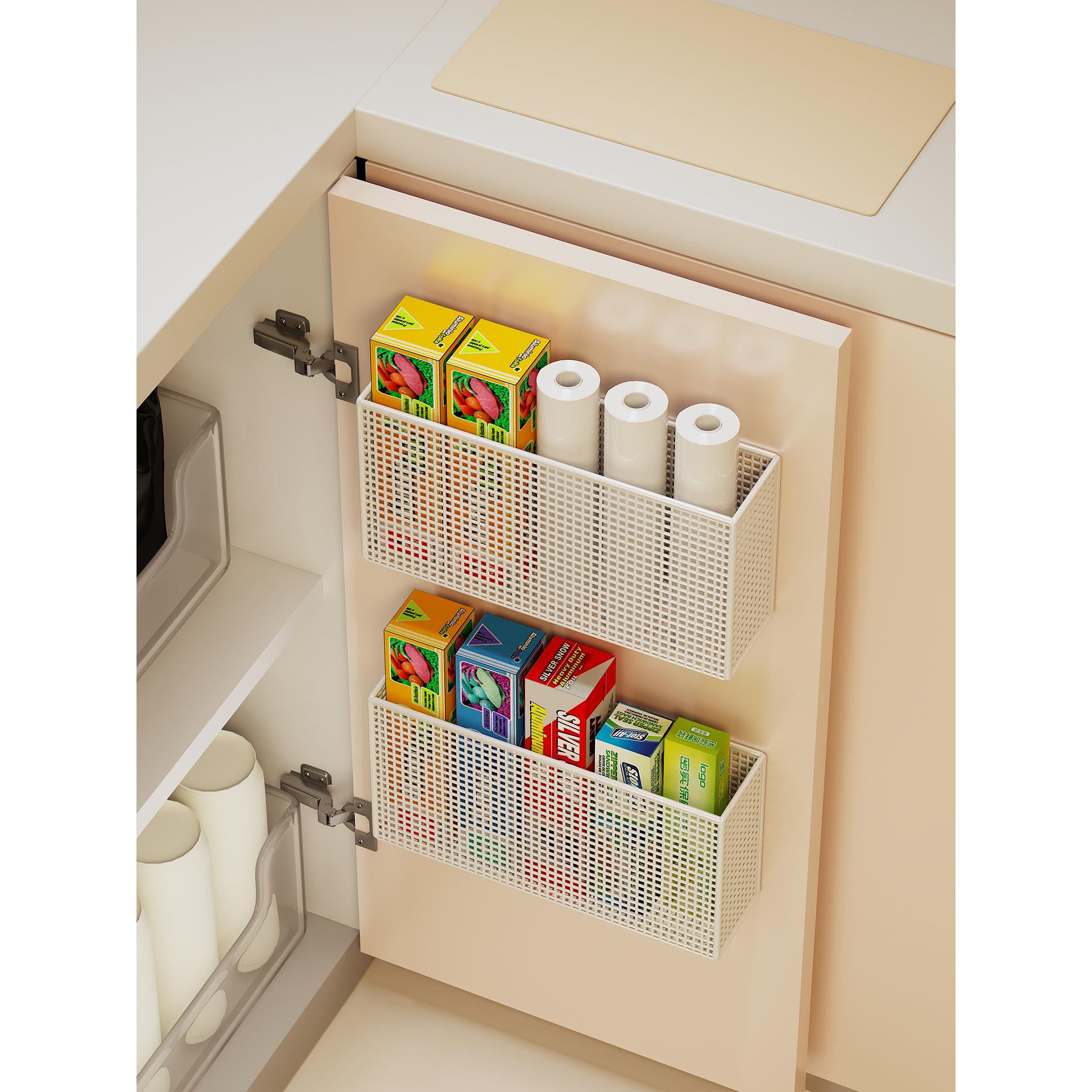 厨房橱柜门内侧收纳盒保鲜膜收纳架子免打孔壁挂挂篮门后收纳神器