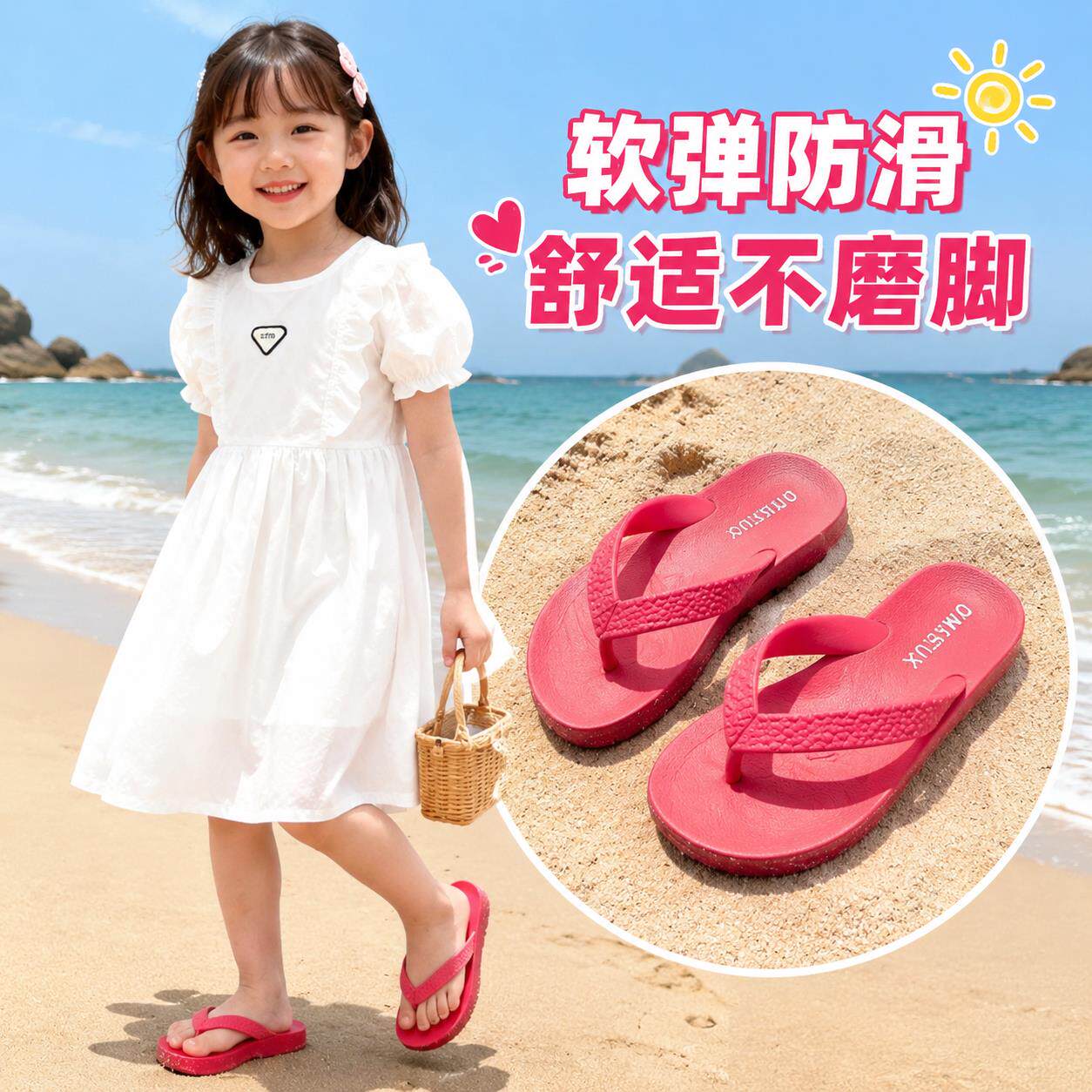 女童人字拖夏日外穿红色夹脚指头凉拖儿童沙滩鞋防臭防滑软底拖鞋