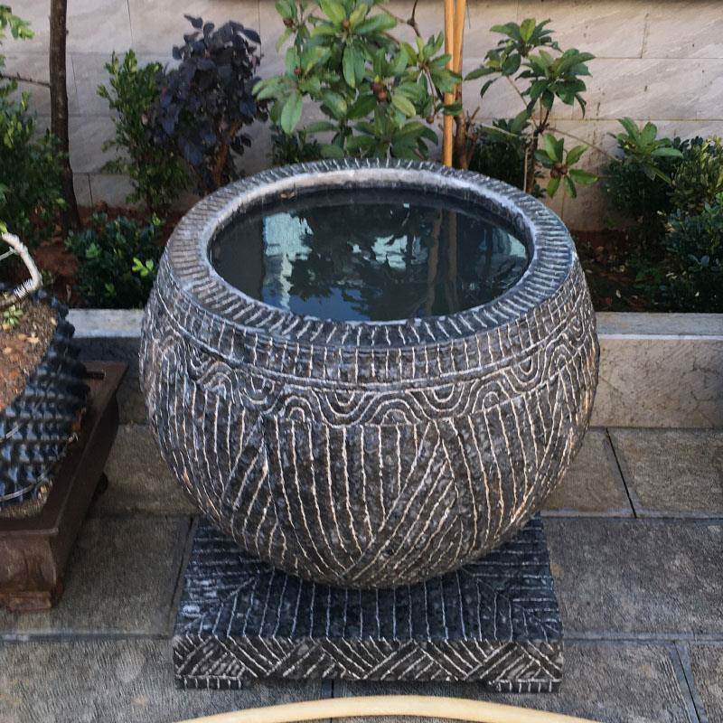 青石鱼缸花盆石雕水缸庭院石缸石头圆缸荷花鱼石盆纯手工户外石槽
