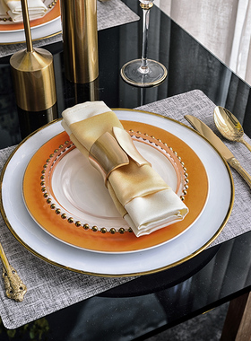 橙色样品房餐具套装 现代欧式样板房餐盘别墅会所餐具样板间摆件