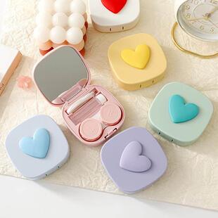 马卡龙色方形爱心隐形眼镜盒美瞳收纳盒可携式带镜子可爱眼镜伴侣