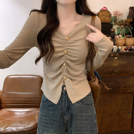 纯欲风V领长袖t恤女洋气设计感小众修身短款打底上衣